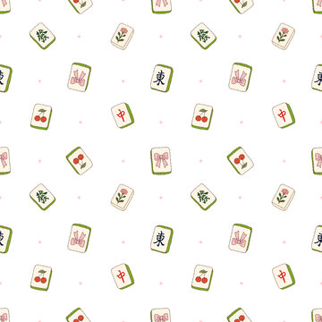 Mahjong Tiles Coquette Bows and Cherries Aesthetic Seamless Pattern Background