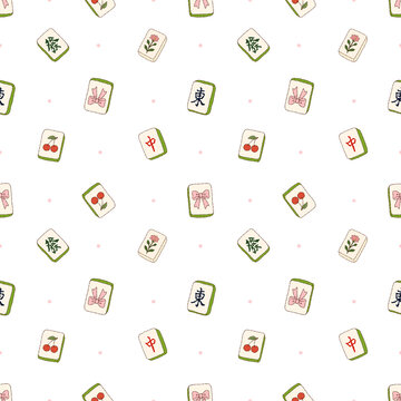 Mahjong Tiles Coquette Bows and Cherries Aesthetic Seamless Pattern Background