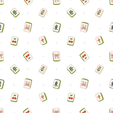Mahjong Tiles Coquette Bows and Cherries Aesthetic Seamless Pattern Background