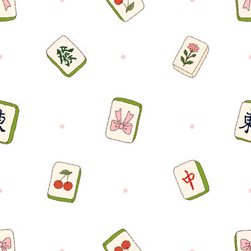 Mahjong Tiles Coquette Bows and Cherries Aesthetic Seamless Pattern Background