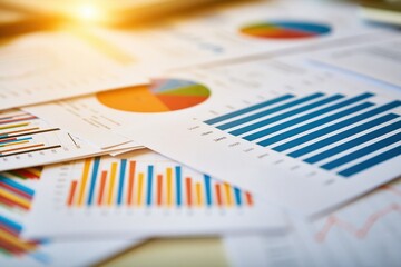 Obraz premium Stack of printed business reports featuring colorful bar charts and pie graphs illuminated by warm sunlight on a desk