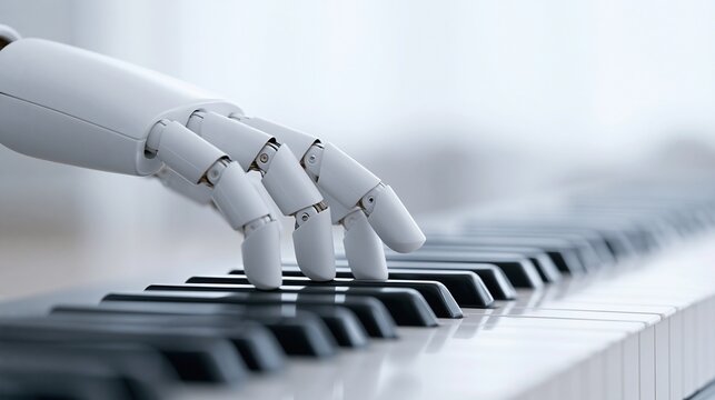 White robotic hand playing piano keys with precision and futuristic design against a soft background