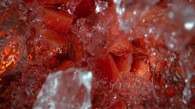 Super Slow Motion Shot of Fresh Strawberries and Ice Falling into Red Liquid at 1000fps.