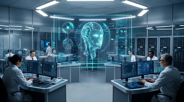 Futuristic technology control room with scientists working and glowing digital brain interface