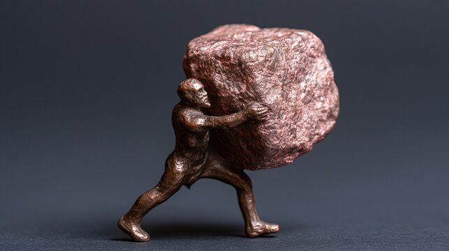 Bronze figurine of a muscular man straining to push a large copper-colored boulder against a dark grey background.