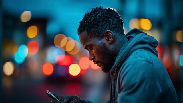 Bearded african american man in a hoodie glancing sideways while using his phone downtown
