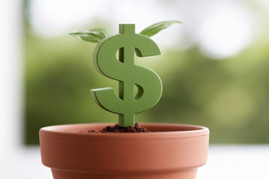 Green dollar symbol sprouting from soil in a terracotta pot with small leaves against a blurred natural background