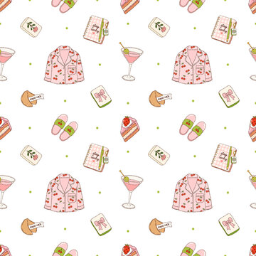 Mahjong Pajama Party Seamless Pattern with Cocktail Cake Slippers and Journal Illustration