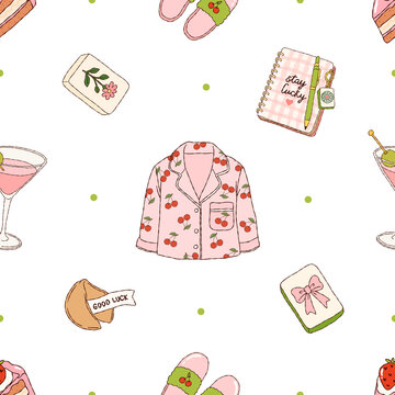 Mahjong Pajama Party Seamless Pattern with Cocktail Cake Slippers and Journal Illustration