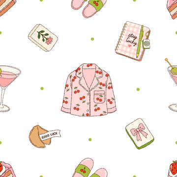 Mahjong Pajama Party Seamless Pattern with Cocktail Cake Slippers and Journal Illustration