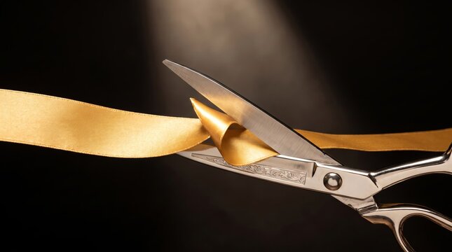 A pair of sharp silver scissors ceremonially cutting a luxurious gold ribbon on dark background