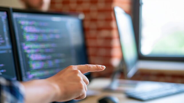 Close up of a programmer hand pointing at computer screen displaying lines of code in office workspace