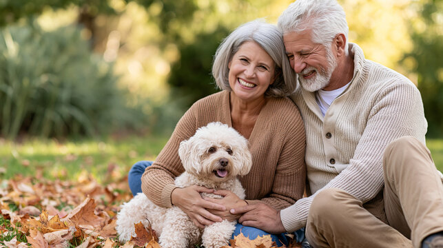 Across a welcoming family scene, a cheerful senior European couple sitting outdoors with their fluffy dog among vibrant autumn leaves, warm smiles and relaxed companionship in bright