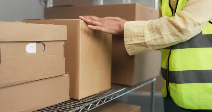 Logistics, box and shelf with hands in warehouse for inspection, shipping and supply chain. Freight order, quality assurance and inventory management with person for cargo, supplier and distribution