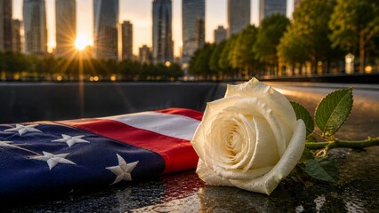 Obraz premium White rose on American flag at a September 11 memorial