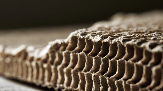 Close up of corrugated cardboard texture with warm lighting highlighting its layered fibrous structure and natural brown tones
