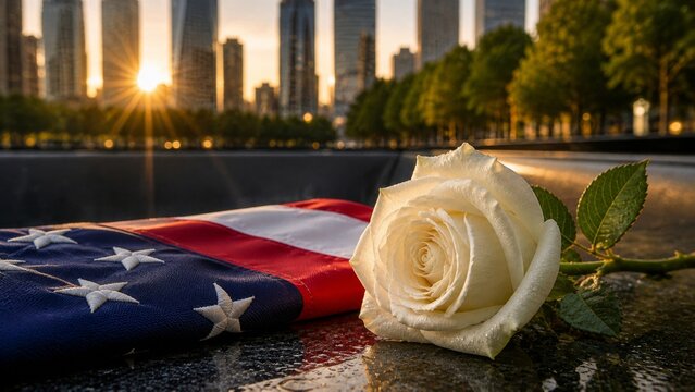 White rose on American flag at a September 11 memorial