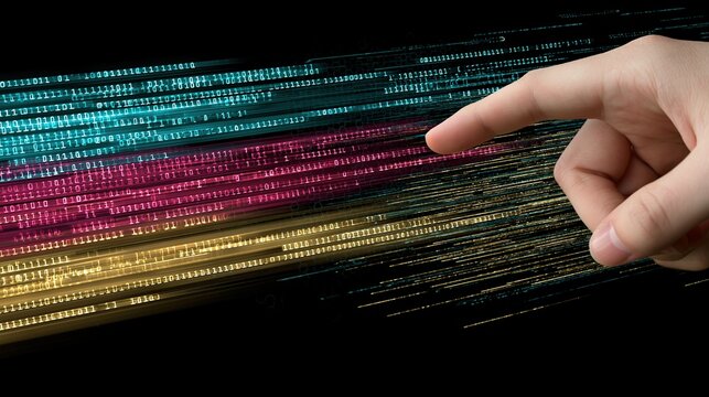 Human finger interacting with flowing lines of binary code data in vibrant colors against a dark background