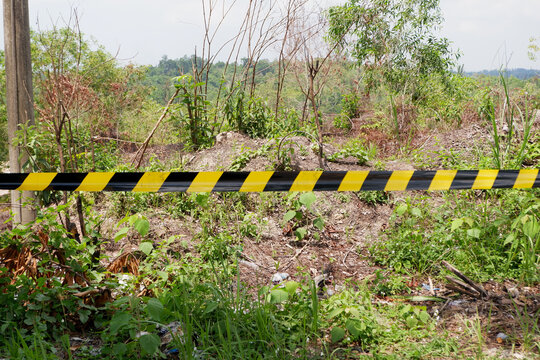 Yellow and black striped warning tape stretched across dense green vegetation to restrict entrance to a dangerous zone or property. Ideal for security presentations, environmental crime articles, safe