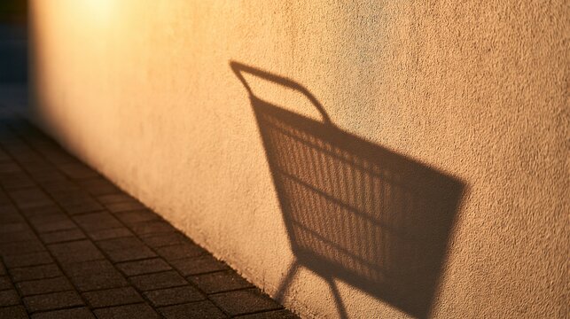 Shadow of an empty shopping cart cast on a textured wall illuminated by warm sunlight alongside a paved walkway.