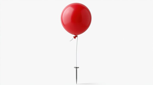 A red balloon floats above a nail against a plain white background creating tension