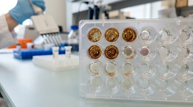 Close-up of laboratory well plate showing brown protein staining for cancer biomarker diagnostic testing