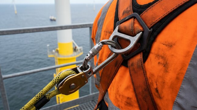 Industrial safety harness with emergency evacuation hook on offshore wind turbine platform.