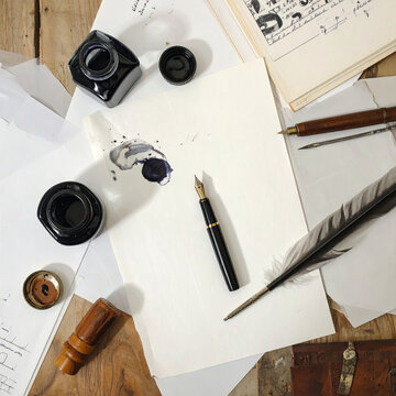 Vintage Writing Desk with Ink Bottles and Quill Pen for Calligraphy