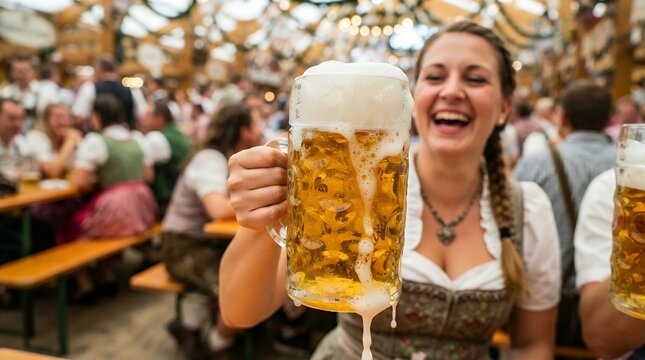 Happy woman holding large beer mug at Oktoberfest celebration in traditional Bavarian tent