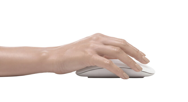 Woman hand using computer mouse on transparent background
