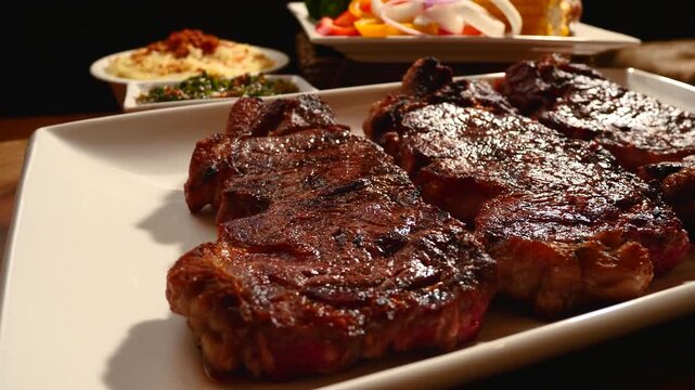 Succulent grilled Argentine Bife de Chorizo (sirloin steaks) served on a white plate with chimichurri and sides, ready for a traditional barbecue.