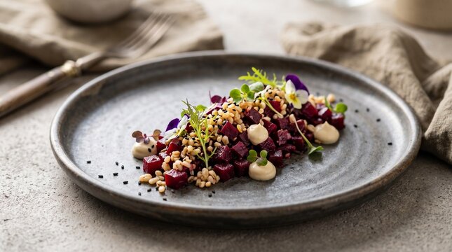 Gourmet roasted beetroot salad with quinoa and microgreens. Elegant vegan appetizer on dark ceramic plate. Fine dining vegetarian dish.