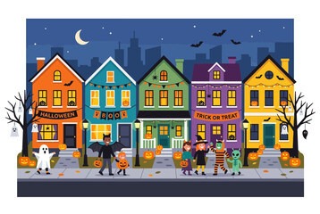 Naklejka premium Children in Costumes Trick or Treating in a Decorated Neighborhood at Night