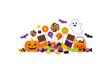 Naklejka premium Collection of colorful Halloween sweets chocolates lollipops and spooky decorations on white background