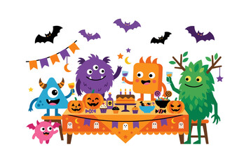 Fototapeta premium Cute Cartoon Monsters Group Celebrating Halloween Party with Cake and Pumpkins