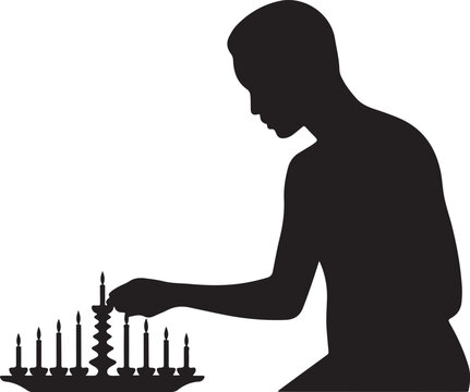 Silhouette vector illustration of a person lighting a traditional jewish menorah during a religious holiday