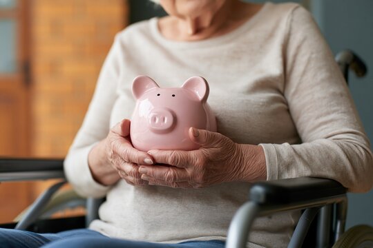 Senior woman in wheelchair holding pink piggy bank close to chest with wrinkled hands