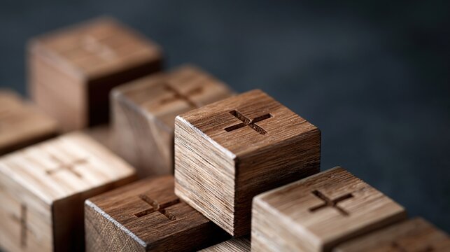 Close-up of wooden blocks with plus signs arranged in a pattern on a dark background, symbolizing addition or positive choices.