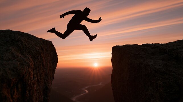 Silhouette of a person leaping across a chasm between two cliffs during a vibrant sunset over distant mountains.