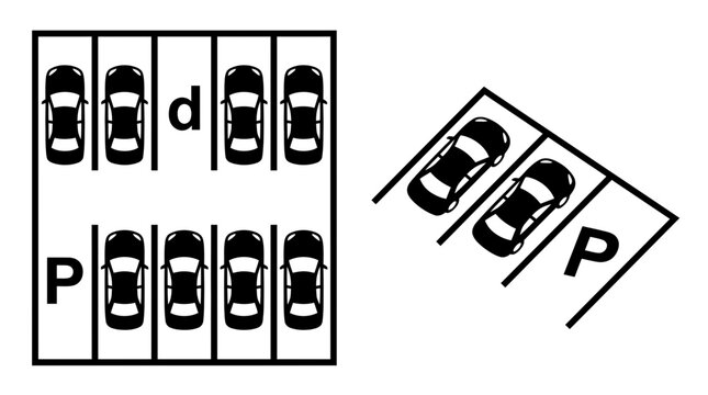 Multiple parking space diagrams showing overhead views of cars parked in straight and diagonal slots