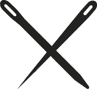 A minimalist, premium black-and-white flat vector icon of two crossed yarn needles with solid black lines and fills, set against a pure white background