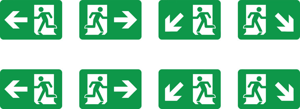 Green emergency exit signs with running man and directional arrows set on a white background exit sign fire escape directional arrow evacuation sign safety sign emergency dir