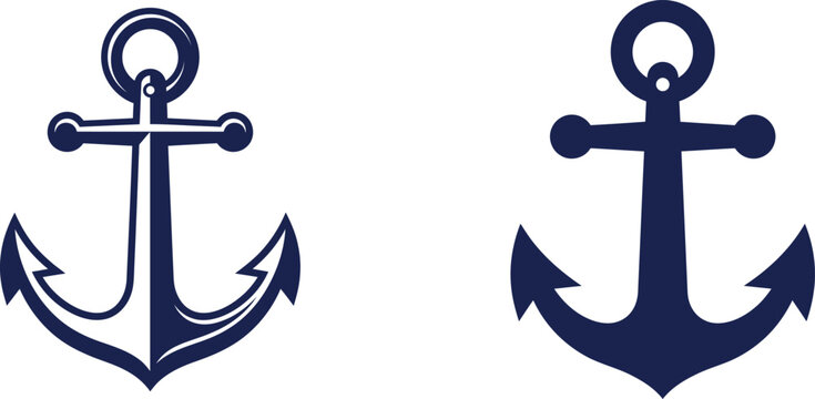 Classic blue nautical ship anchors in outline and solid silhouette styles with ship anchor sea emblem ocean icon boat equipment coast guard icon set marine symbol maritime