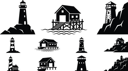 Naklejka premium Set of black silhouette nautical icons featuring coastal lighthouses, rocky cliff houses, and fishing boat cabins
