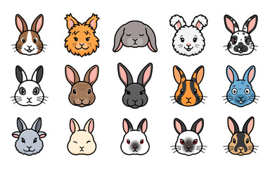 Fototapeta premium Cute Rabbit and Bunny Character Collection, Colorful Cartoon Animal Faces