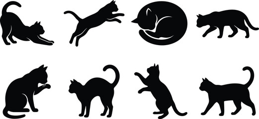 Obraz premium Vector set of black cat silhouettes depicting various feline poses and actions isolated on a white background