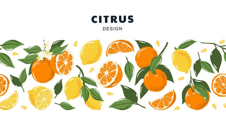 Seamless horizontal background with lemon orange tangerine leaves. Citrus tropical fruits vector watercolor illustration