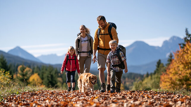 Beside a blanket of fallen leaves, a smiling family with children and a dog hiking across a wide mountain valley in mild seasonal weather, generic natural scenery with bright daylight and