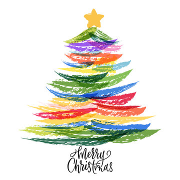 Vector watercolor colorful christmas tree. Hand drawn seasonal holiday greeting card, abstract brush strokes, lettering