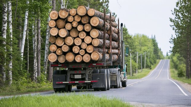 Heavy logging truck transporting stacked timber logs along rural forest road surrounded by green trees and grass